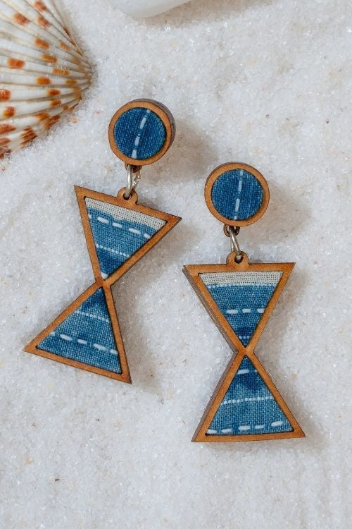 WHE Shades Of Indigo Blue Warli Inspired Repurposed Fabric And Wood Earrings