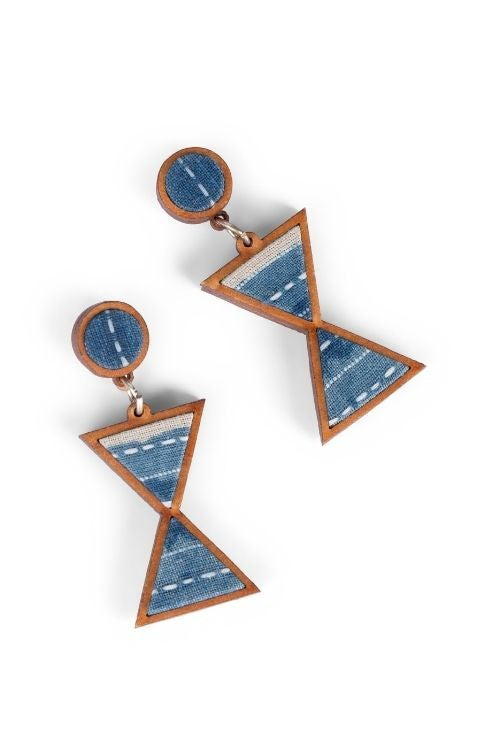 WHE Shades Of Indigo Blue Warli Inspired Repurposed Fabric And Wood Earrings