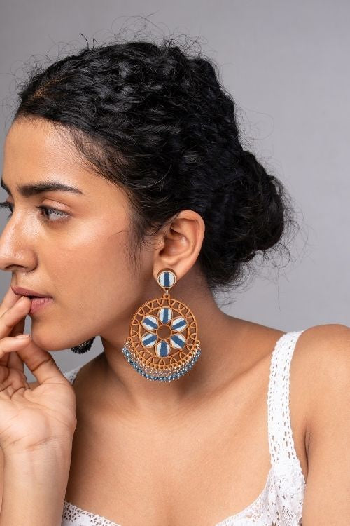 WHE Indigo Blue WHEel Repurposed Fabric And Wood Earrings