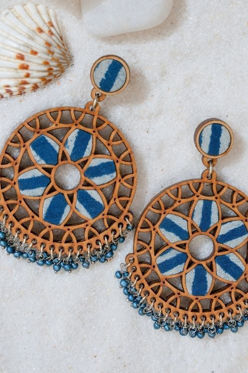 WHE Indigo Blue WHEel Repurposed Fabric And Wood Earrings