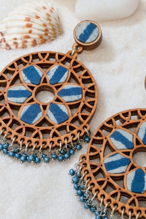 WHE Indigo Blue WHEel Repurposed Fabric And Wood Earrings