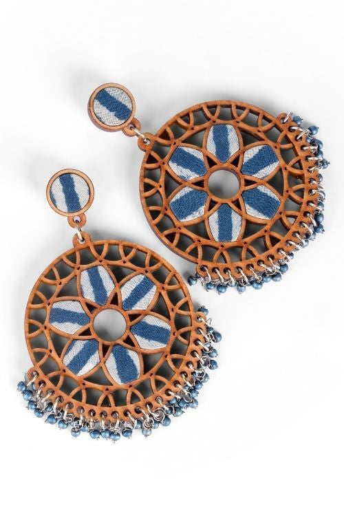 WHE Indigo Blue WHEel Repurposed Fabric And Wood Earrings