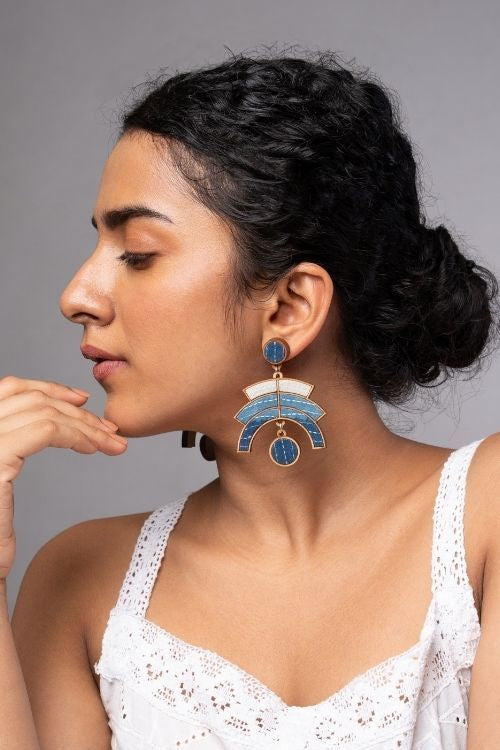 WHE Shade Of Indigo Blue Arch Repurposed Fabric And Wood Earrings