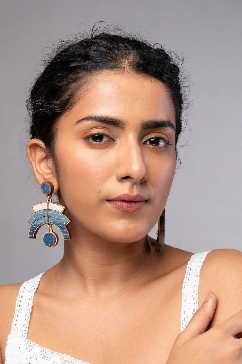 WHE Shade Of Indigo Blue Arch Repurposed Fabric And Wood Earrings