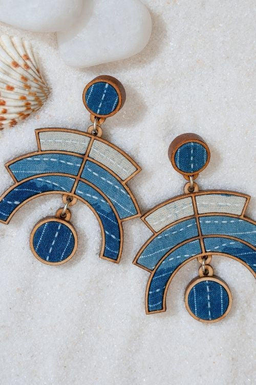 WHE Shade Of Indigo Blue Arch Repurposed Fabric And Wood Earrings