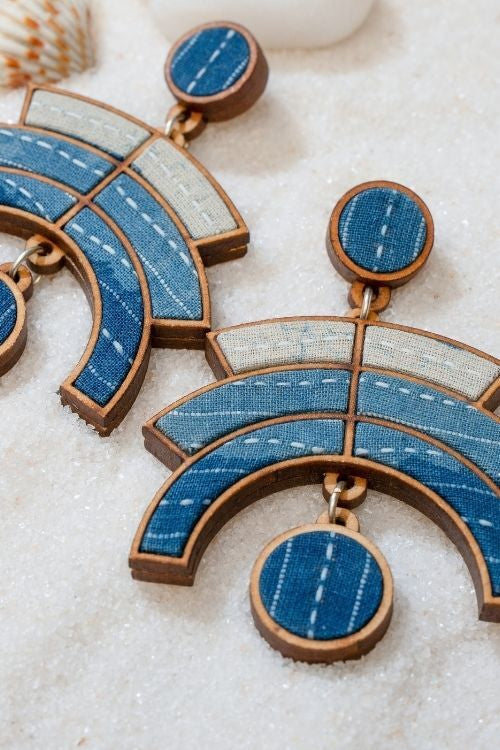 WHE Shade Of Indigo Blue Arch Repurposed Fabric And Wood Earrings