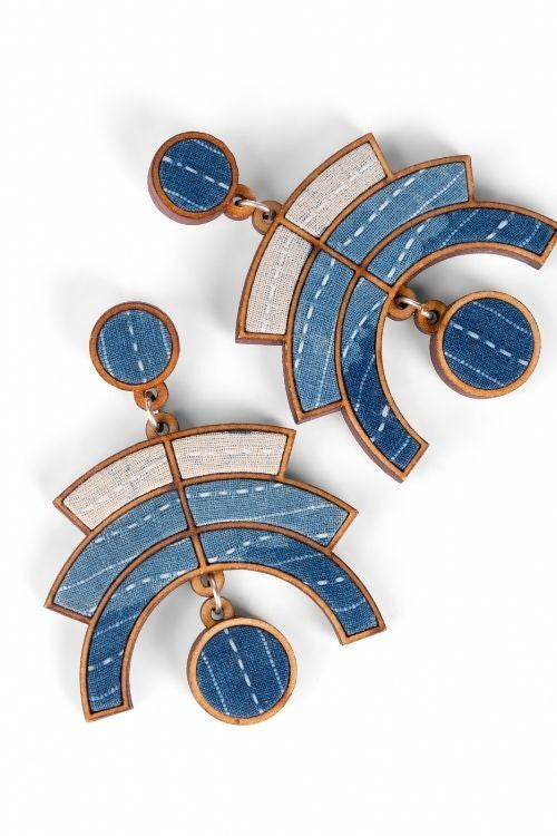 WHE Shade Of Indigo Blue Arch Repurposed Fabric And Wood Earrings