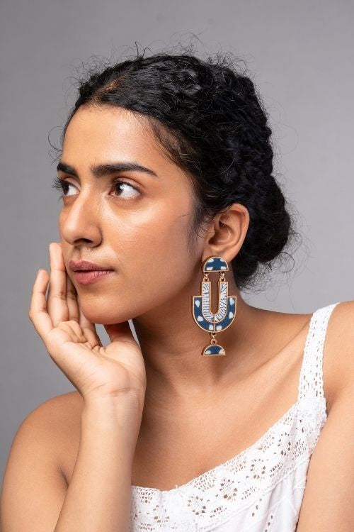 WHE Indigo Blue Repurposed Fabric And Wood Statement Earrings