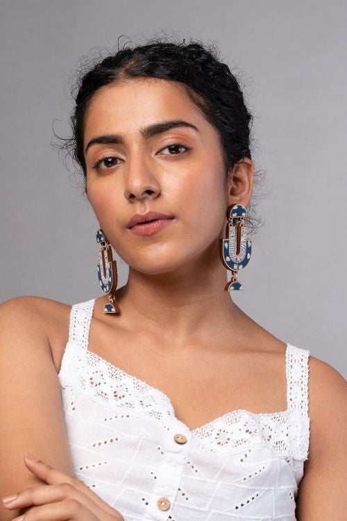 WHE Indigo Blue Repurposed Fabric And Wood Statement Earrings