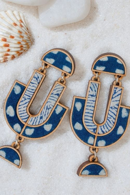 WHE Indigo Blue Repurposed Fabric And Wood Statement Earrings