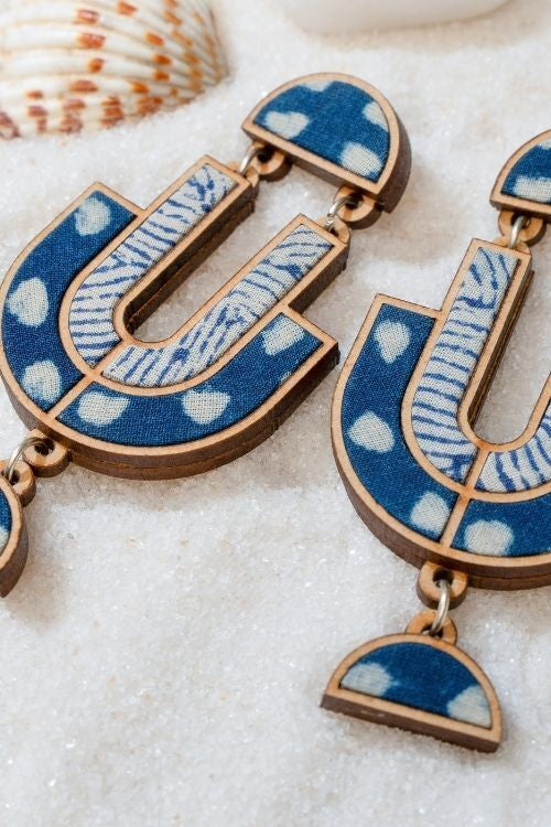 WHE Indigo Blue Repurposed Fabric And Wood Statement Earrings