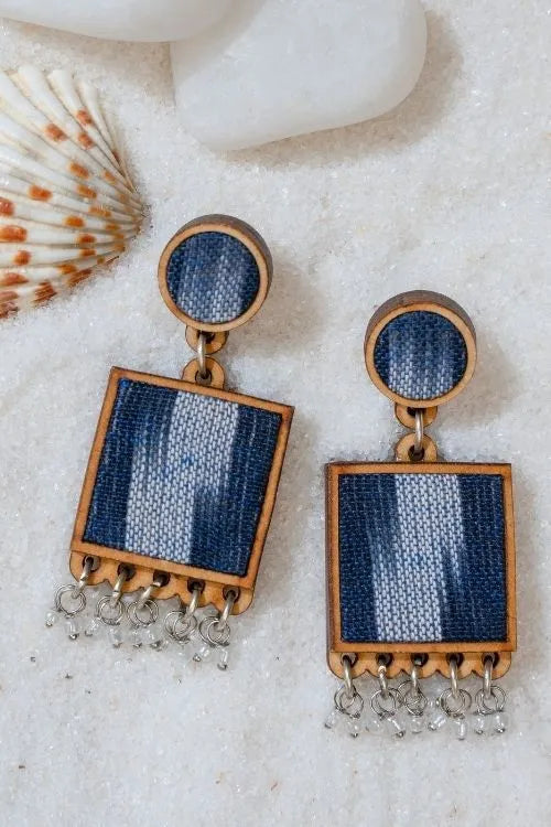 WHE Blue Ikat Fabric And Repurposed Wood Square Danglers