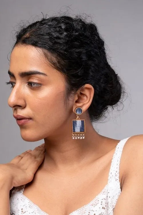 WHE Blue Ikat Fabric And Repurposed Wood Square Danglers
