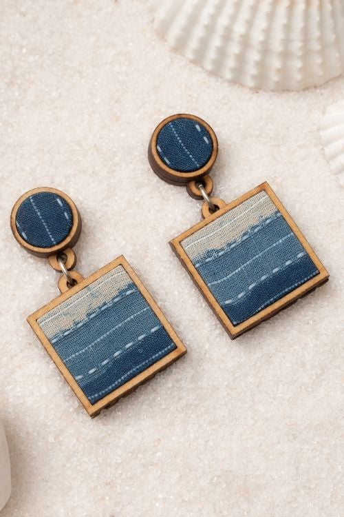 WHE Shades Of Indigo Blue Repurposed Fabric And Wood Square Danglers