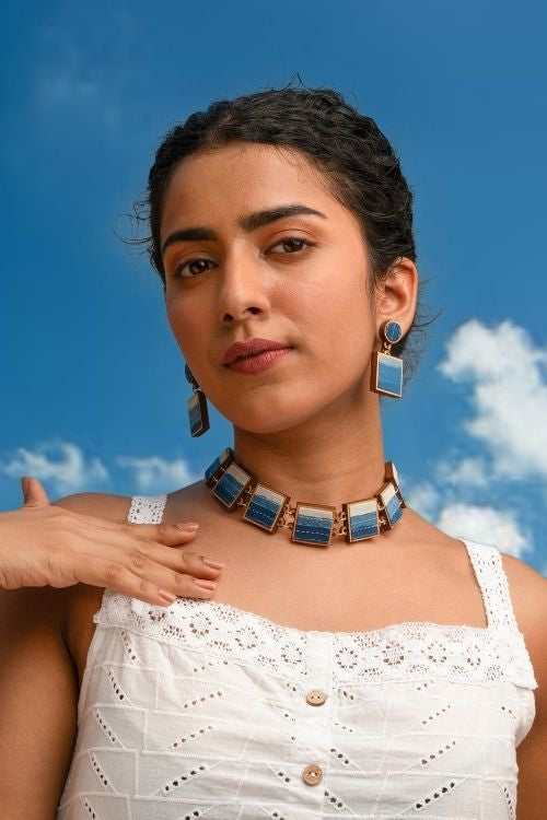 WHE Shades Of Indigo Blue Repurposed Fabric And Wood Square Danglers