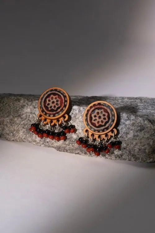 WHE Multicolor Ajrakh Repurposed Fabric And Wood Round Studs
