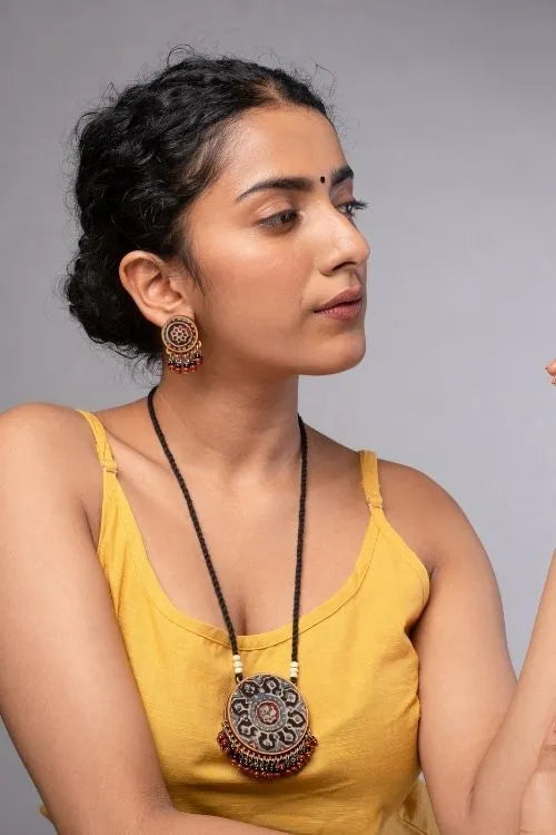WHE Multicolor Ajrakh Repurposed Fabric And Wood Round Studs