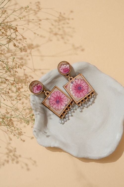 WHE Floral Pink Square Repurposed Fabric And Wood Earrings