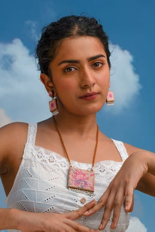 WHE Floral Pink Square Repurposed Fabric And Wood Earrings