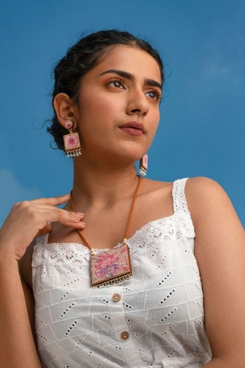 WHE Floral Pink Square Repurposed Fabric And Wood Earrings