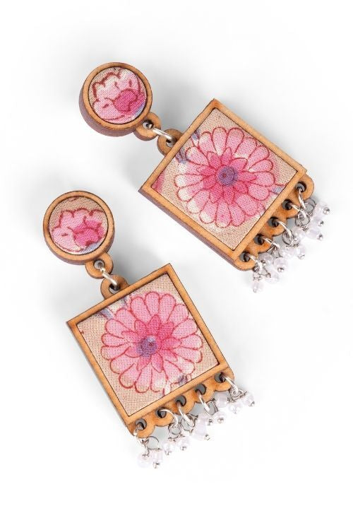 WHE Floral Pink Square Repurposed Fabric And Wood Earrings