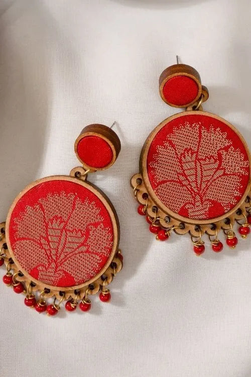 WHE Red Festive Fabric And Repurposed Wood Round Danglers