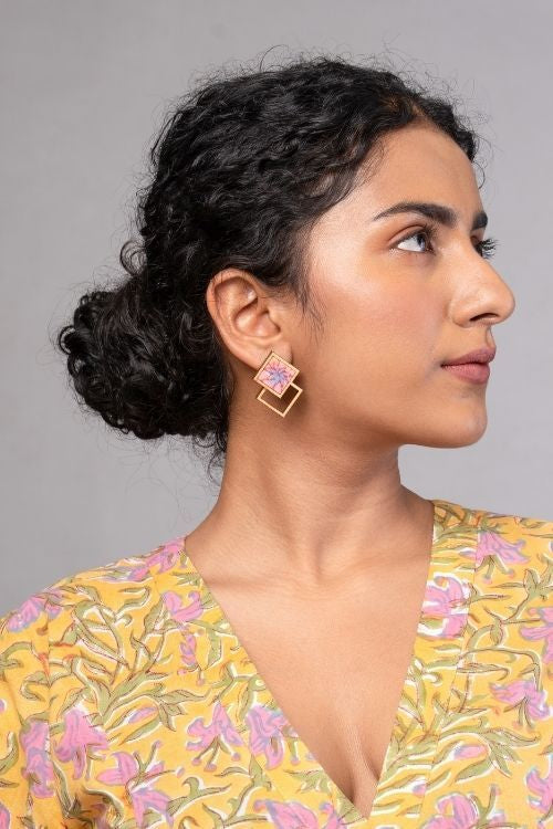 WHE Double Square Pink Repurposed Fabric And Wood Earrings