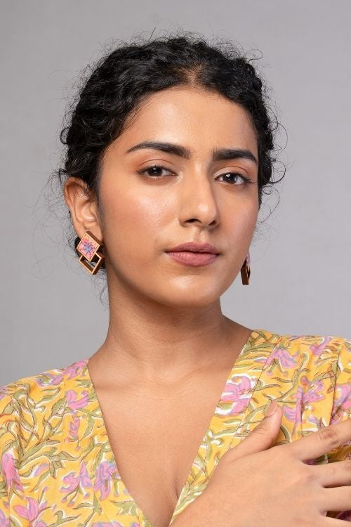 WHE Double Square Pink Repurposed Fabric And Wood Earrings
