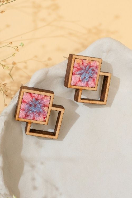 WHE Double Square Pink Repurposed Fabric And Wood Earrings