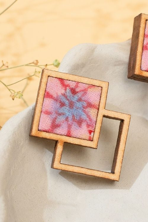 WHE Double Square Pink Repurposed Fabric And Wood Earrings