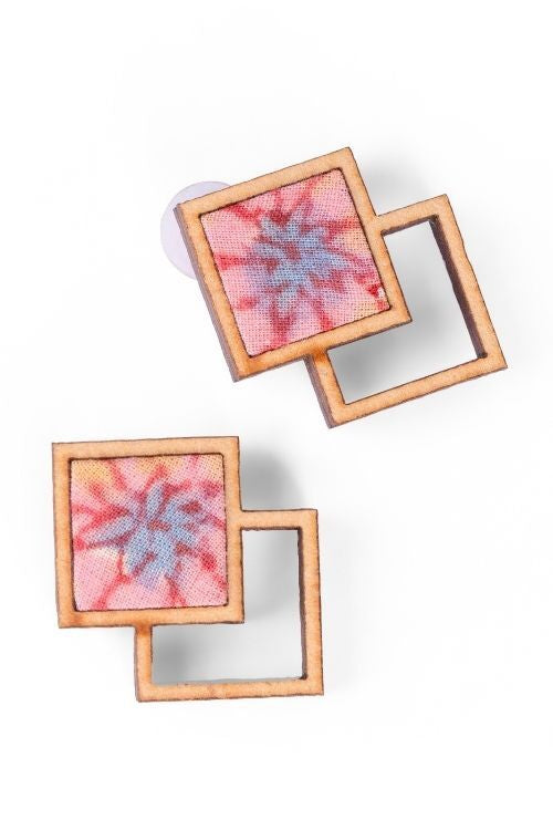 WHE Double Square Pink Repurposed Fabric And Wood Earrings