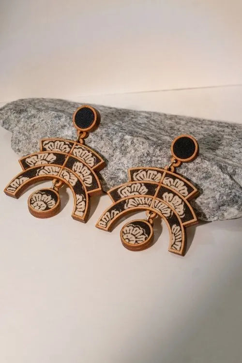WHE Black Kalamkari Floral Arch Repurposed Fabric And Wood Statement Earrings