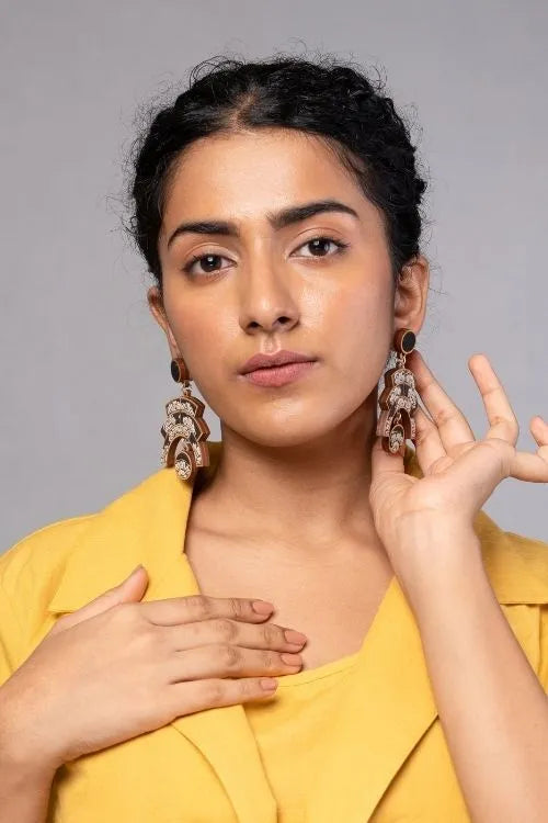 WHE Black Kalamkari Floral Arch Repurposed Fabric And Wood Statement Earrings
