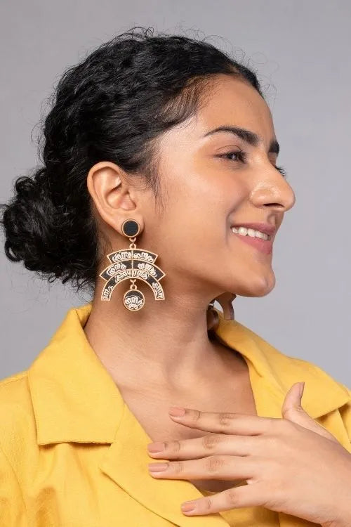 WHE Black Kalamkari Floral Arch Repurposed Fabric And Wood Statement Earrings