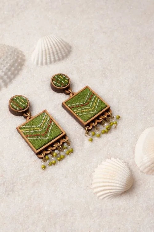 WHE Kantha Green Repurposed Silk Fabric And Wood Earrings