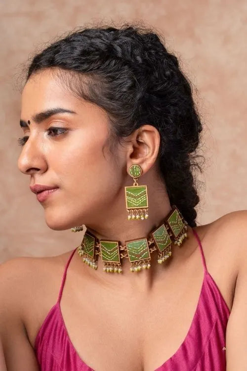 WHE Kantha Green Repurposed Silk Fabric And Wood Earrings