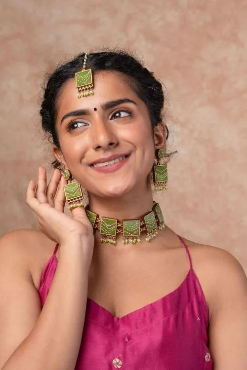 WHE Kantha Green Repurposed Silk Fabric And Wood Earrings