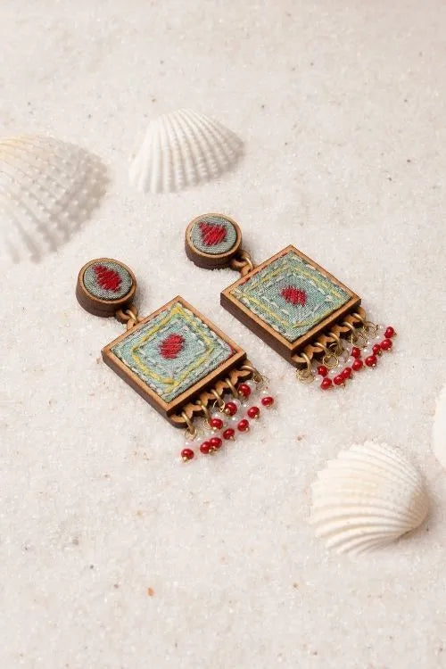 WHE Kantha Columbia Blue Repurposed Silk Fabric And Wood Earrings