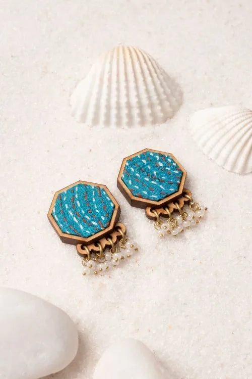 WHE Turquoise Kantha Repurposed Silk Fabric And Wood Studs