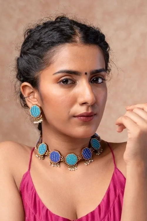 WHE Turquoise Kantha Repurposed Silk Fabric And Wood Studs