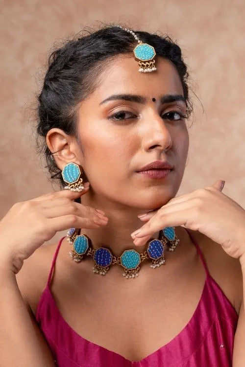 WHE Turquoise Kantha Repurposed Silk Fabric And Wood Studs