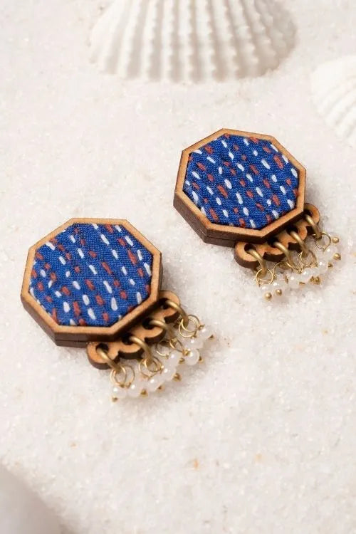 WHE Blue Kantha Repurposed Silk Fabric And Wood Studs