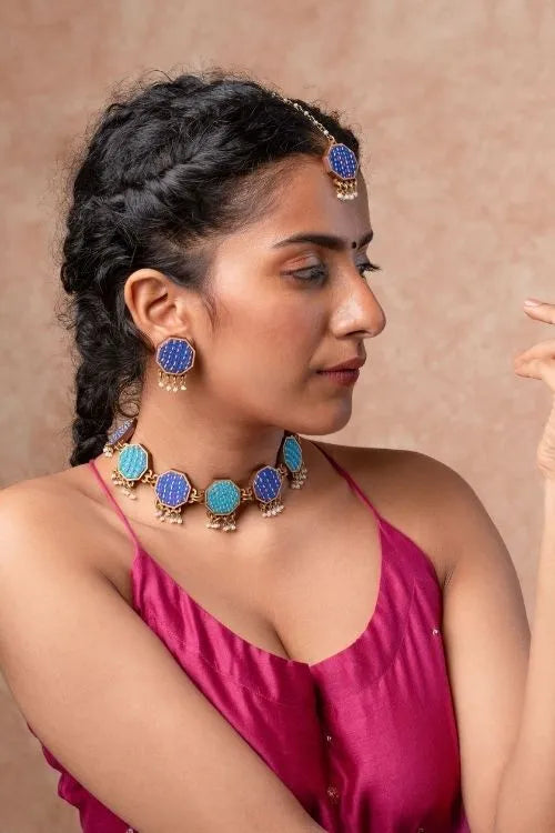 WHE Blue Kantha Repurposed Silk Fabric And Wood Studs