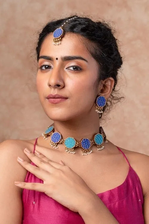WHE Blue Kantha Repurposed Silk Fabric And Wood Studs