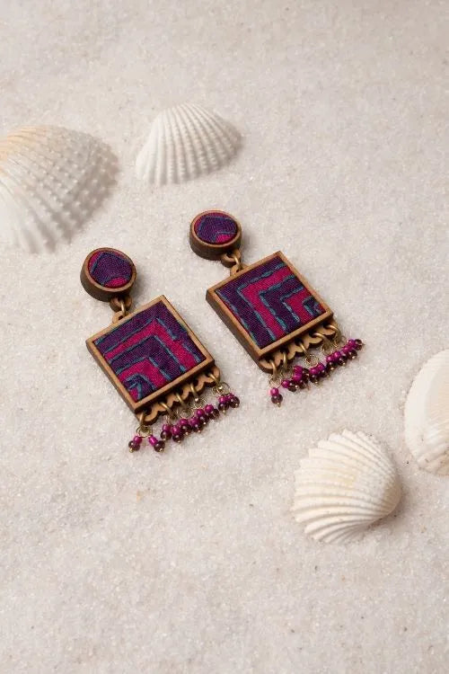 WHE Pink Purple Kantha Repurposed Silk Fabric And Wood  Earrings