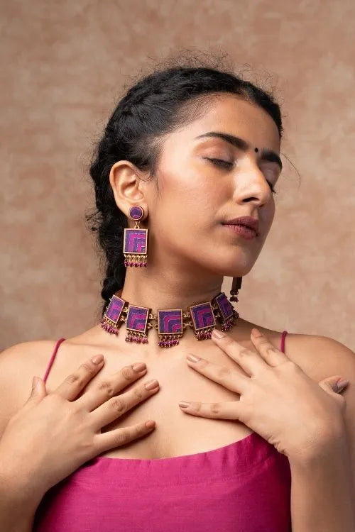 WHE Pink Purple Kantha Repurposed Silk Fabric And Wood  Earrings