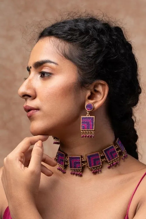 WHE Pink Purple Kantha Repurposed Silk Fabric And Wood  Earrings