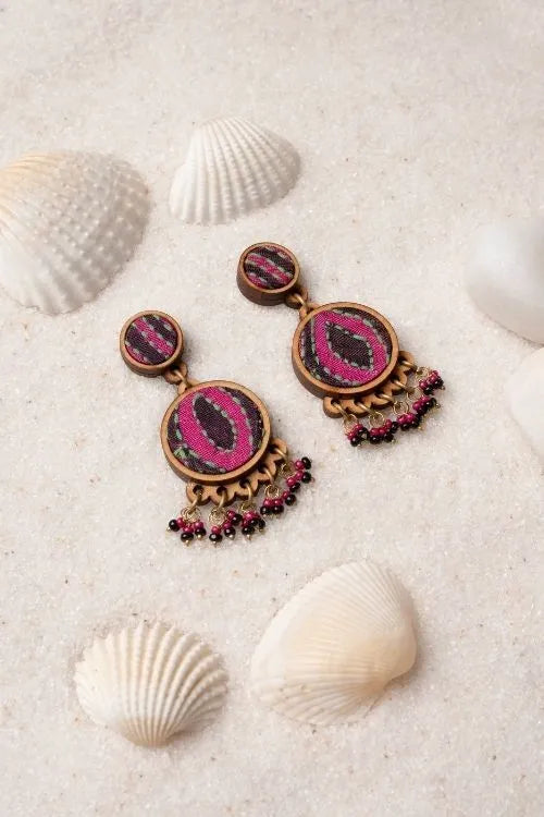 WHE Multicolor Kantha Silk Fabric And Repurposed Wood Earrings