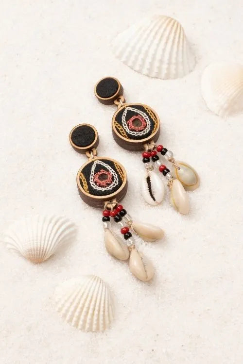 WHE Hand Embroidered Multicolor Earrings With Shells