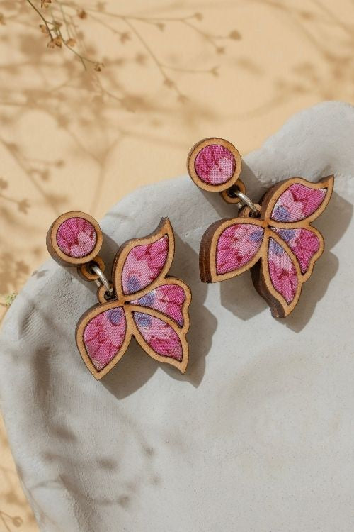 WHE Pink Bloom Repurposed Fabric And Wood Leaf Earrings
